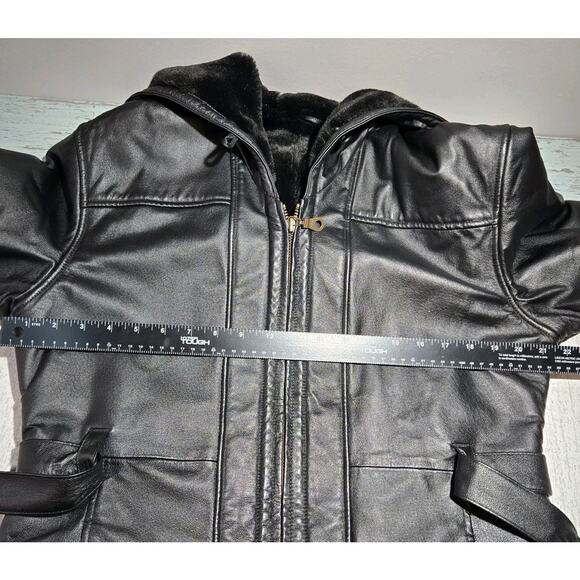 Wilson's Leather Belted Coat Jacket Faux Fur Lined Hooded Black MED VINTAGE MOTO - Picture 7 of 10
